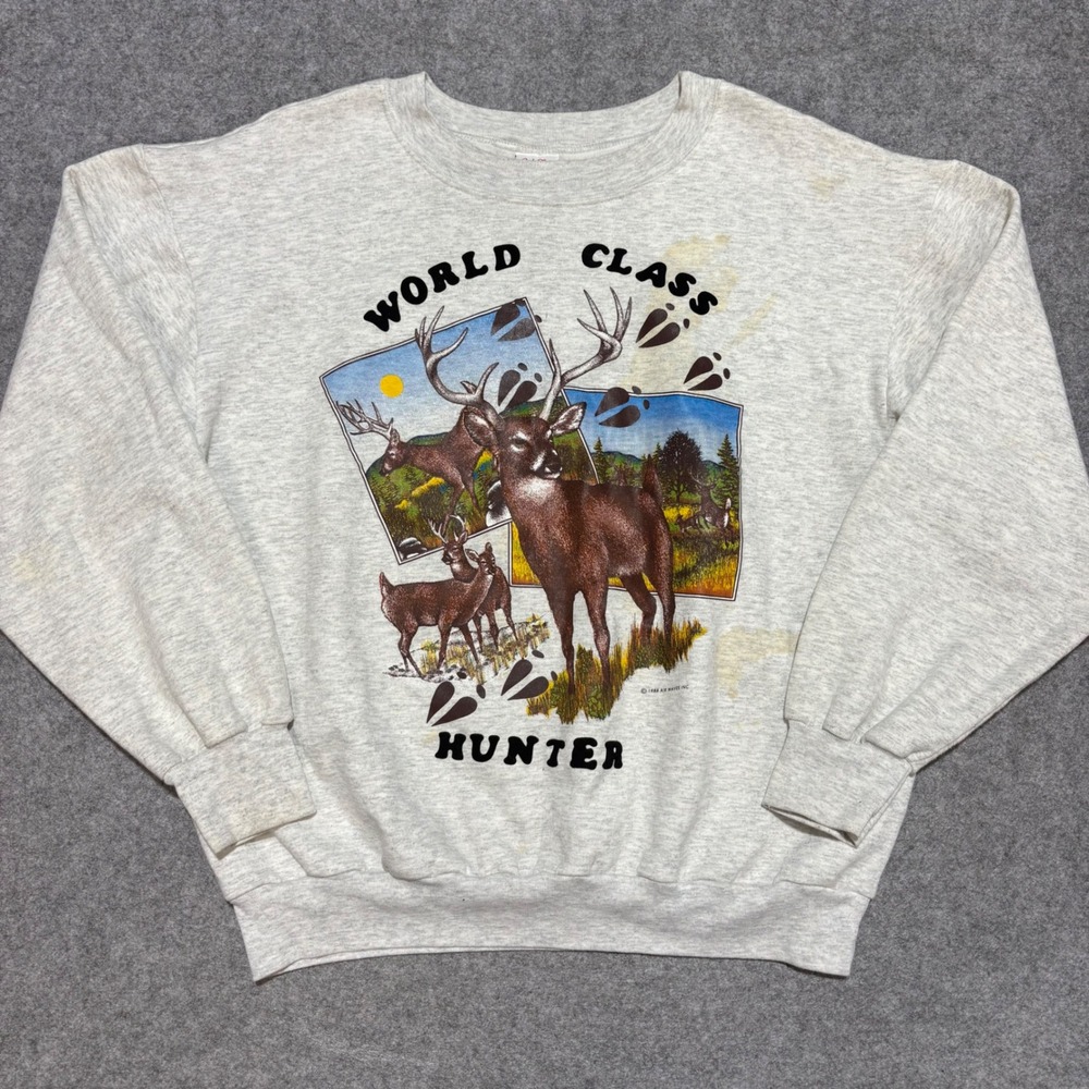 Vintage 1988 World‎ Class Hunter Deer Graphic Sweatshirt Mens XL Gray USA Made